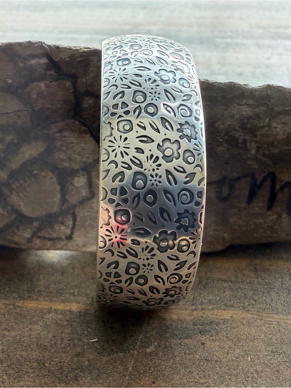 Floral Etched Silver Cuff Bracelet